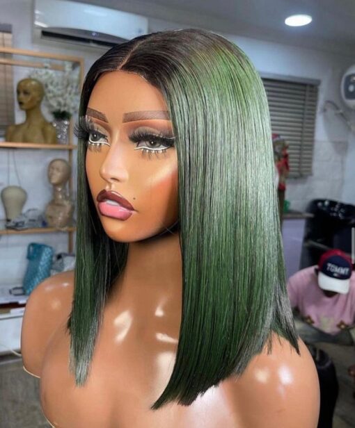 10″ Gucci Bone straight Wig(green) 2x6 closure