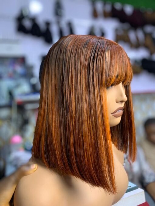 Orange Highlite Bone Straight Fringe Closure Wig 10"(Human Hair Blend)